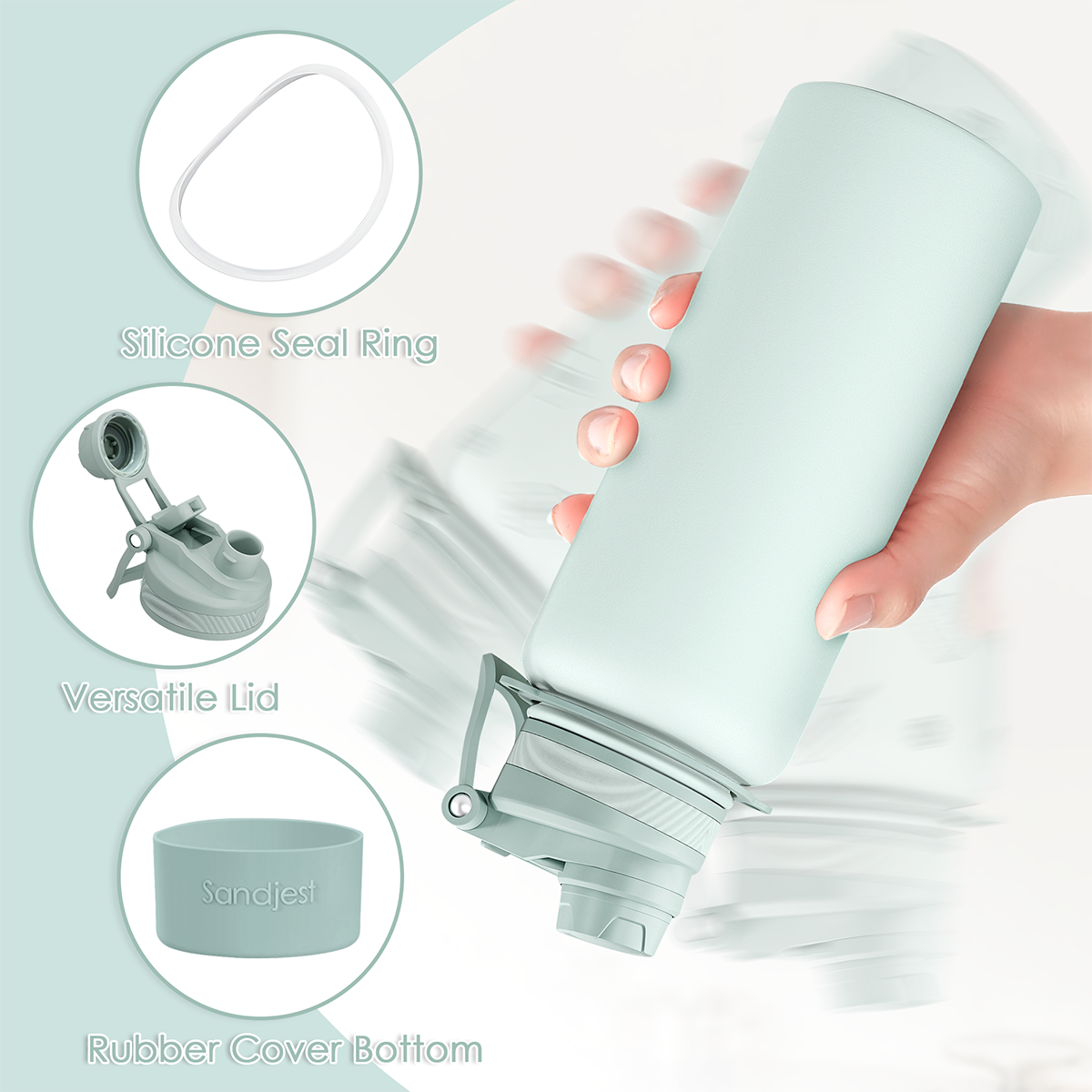 Hand holding a white water bottle with close-up details on a light blue background