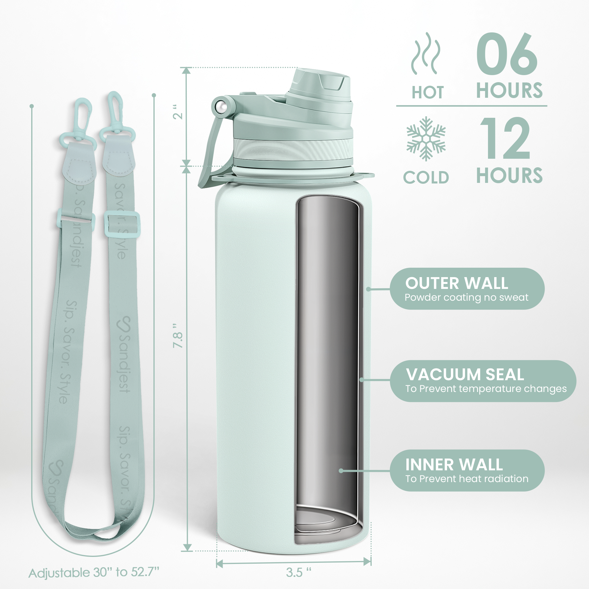 Light blue insulated bottle with strap and temperature retention features on a white background