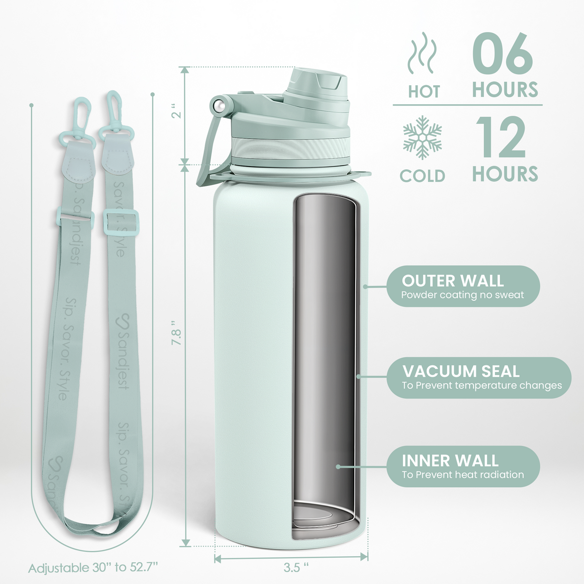 Light blue insulated bottle with strap and temperature retention features on a white background