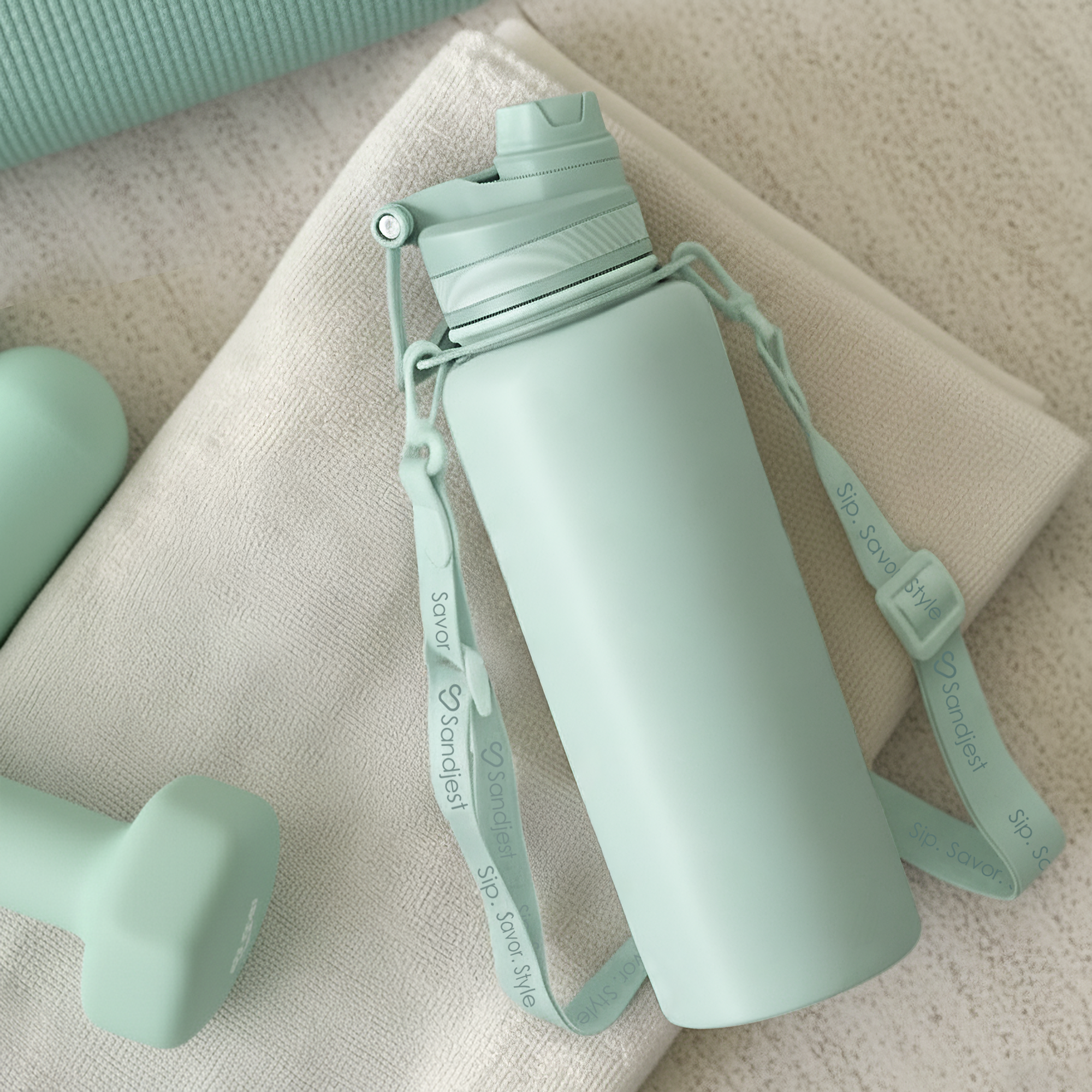 Mint green water bottle with strap on a textured surface