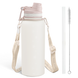 Collapsible water bottle with carrying strap, cleaning brush, and straw on a white background