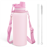 Pink water bottle with strap, cleaning brush, and straw on a white background
