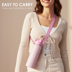 Woman wearing a pink water bottle holder with text 'EASY TO CARRY' on a beige background
