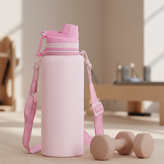 Pink water bottle with a strap and dumbbells on a light wooden floor.