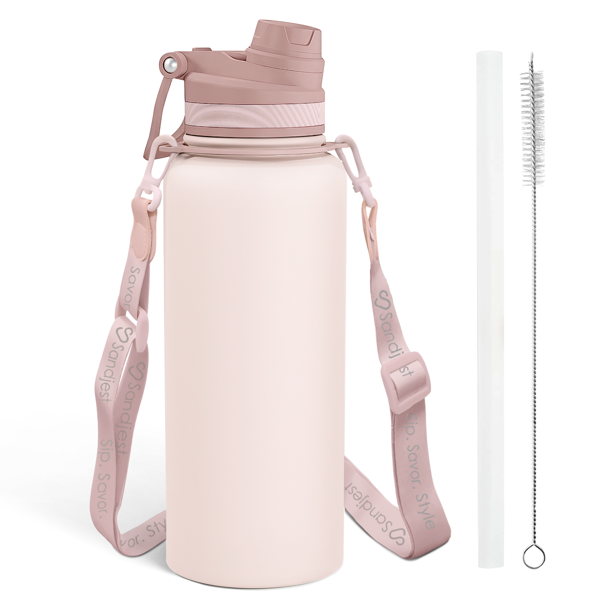 Beige water bottle with strap, cleaning brush, and cap on a white background