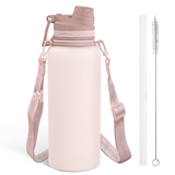 Beige water bottle with strap, cleaning brush, and cap on a white background