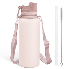 Stainless Steel Water Bottle with Strap 32oz, Insulated Bottles with Straw and Spout Lid for Gym Sports Travel Outdoor, Gifts for Women Girls Birthday Christmas (Beige)