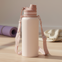 Beige water bottle with beige strap on a wooden surface with yoga mat and towel in the background