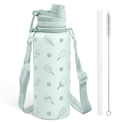 Pickleball Stainless Steel Water Bottle with Strap 32oz, Insulated Bottles with Straw and Spout Lid for Gym Sports Travel Outdoor, Gifts for Women Girls Birthday Christmas