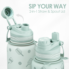 Pickleball Stainless Steel Water Bottle with Strap 32oz, Insulated Bottles with Straw and Spout Lid for Gym Sports Travel Outdoor, Gifts for Women Girls Birthday Christmas