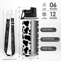 Cow Skin Stainless Steel Water Bottle with Strap 32oz, Insulated Bottles with Straw and Spout Lid for Gym Sports Travel Outdoor, Gifts for Women Girls Birthday Christmas