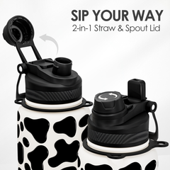 Cow Skin Stainless Steel Water Bottle with Strap 32oz, Insulated Bottles with Straw and Spout Lid for Gym Sports Travel Outdoor, Gifts for Women Girls Birthday Christmas