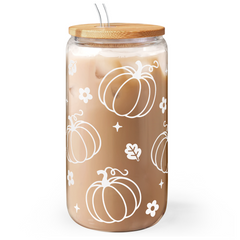 Pumpkin 16oz Can Glass Tumbler with Bamboo Lid & Straw, Iced Coffee Cup for Women Girls, Fall Aesthetic Cups Gifts