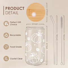 Pumpkin 16oz Can Glass Tumbler with Bamboo Lid & Straw, Iced Coffee Cup for Women Girls, Fall Aesthetic Cups Gifts