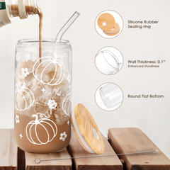 Pumpkin 16oz Can Glass Tumbler with Bamboo Lid & Straw, Iced Coffee Cup for Women Girls, Fall Aesthetic Cups Gifts