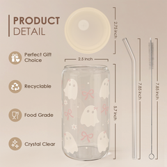 Halloween 16oz Can Glass Tumbler with Acrylic Lid & Straw, Iced Coffee Cup for Women Girls, Aesthetic Cups Gifts for Party