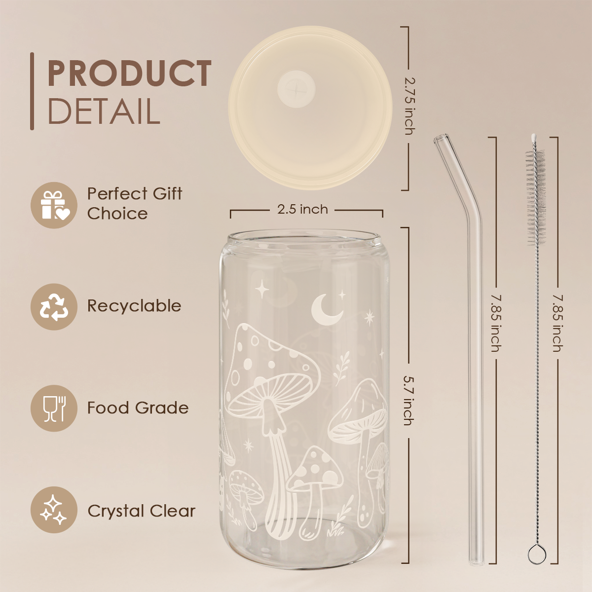 Mushroom GlassGlow | Glass Tumbler with Acrylic Lid 16oz