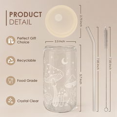 Mushroom 16oz Can Glass Tumbler with Acrylic Lid & Straw, Iced Coffee Cup for Women, Aesthetic Cups Gifts for Birthday Christmas