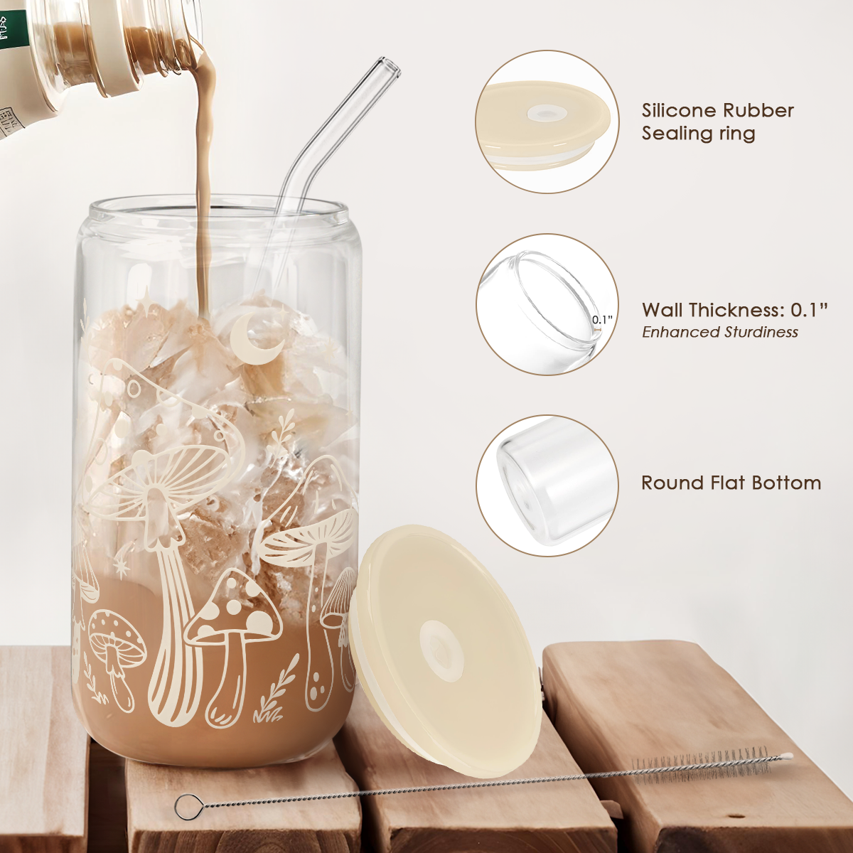 Mushroom GlassGlow | Glass Tumbler with Acrylic Lid 16oz