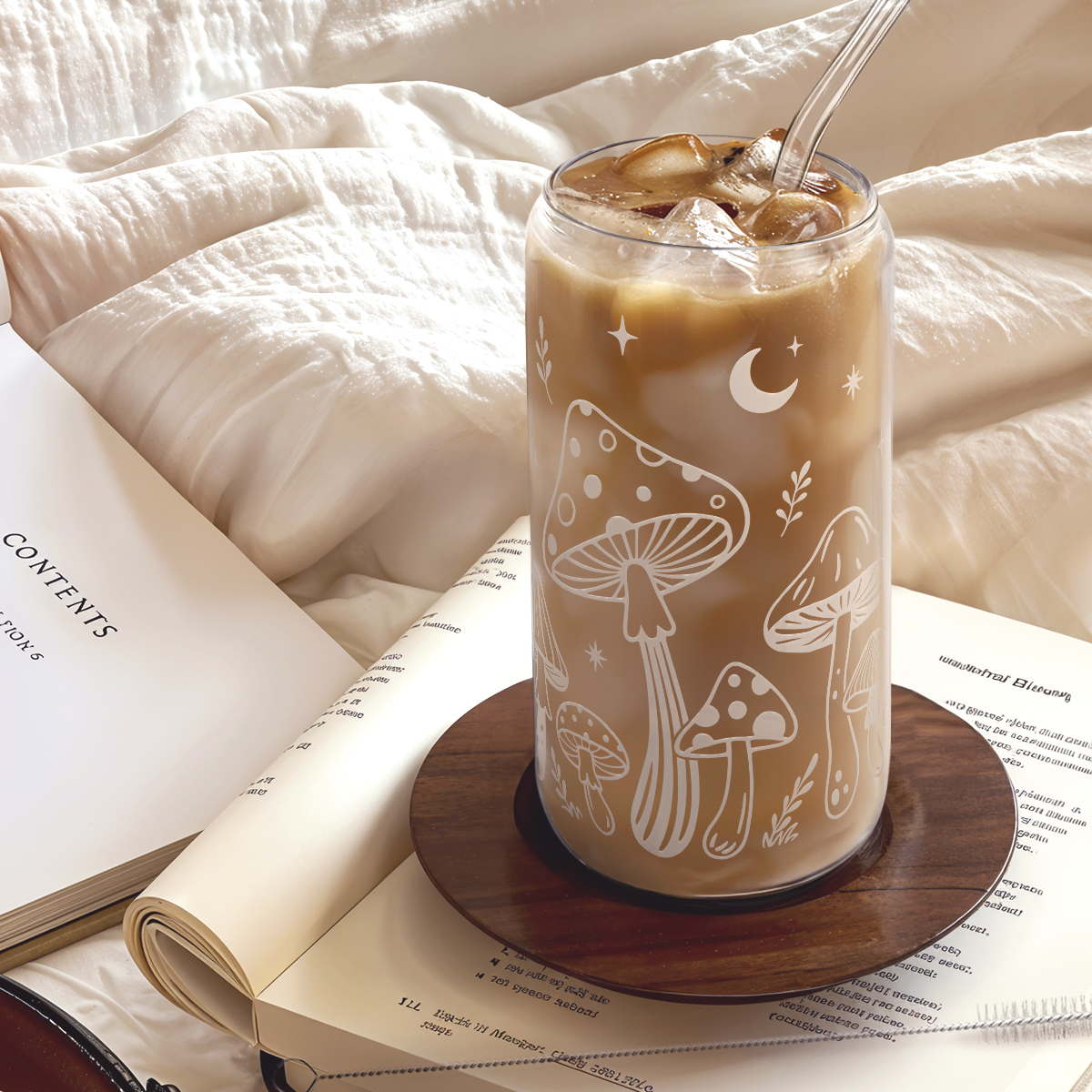 Mushroom GlassGlow | Glass Tumbler with Acrylic Lid 16oz