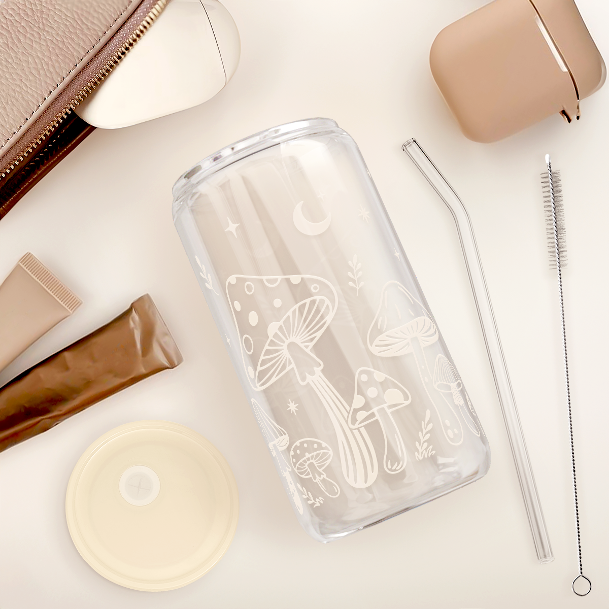 Mushroom GlassGlow | Glass Tumbler with Acrylic Lid 16oz