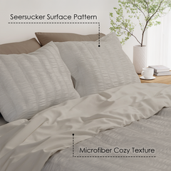 Light Grey Beige Duvet Cover Set, Seersucker Bedding Set