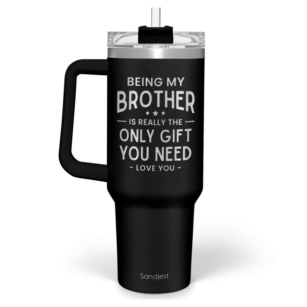 Black tumbler with white text message on a white background