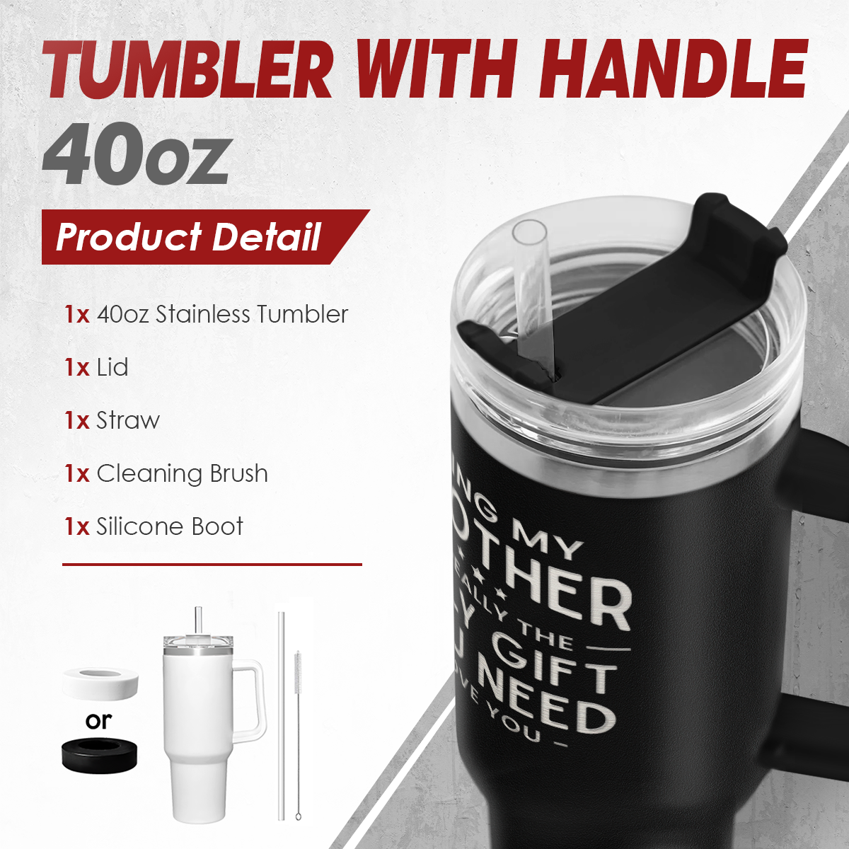 Black tumbler with handle and accessories on a gray background