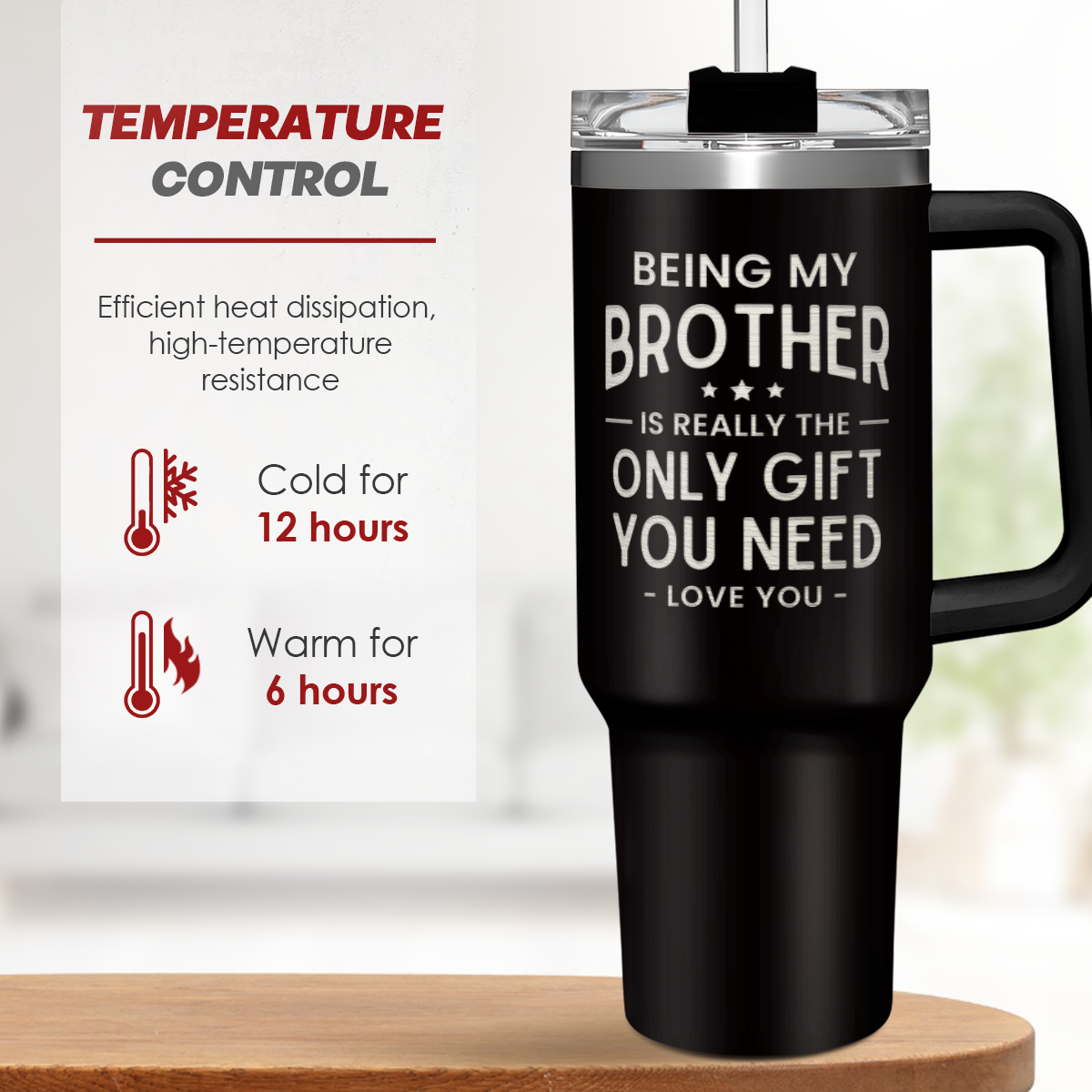 Black travel mug with text and temperature control information on a wooden surface.