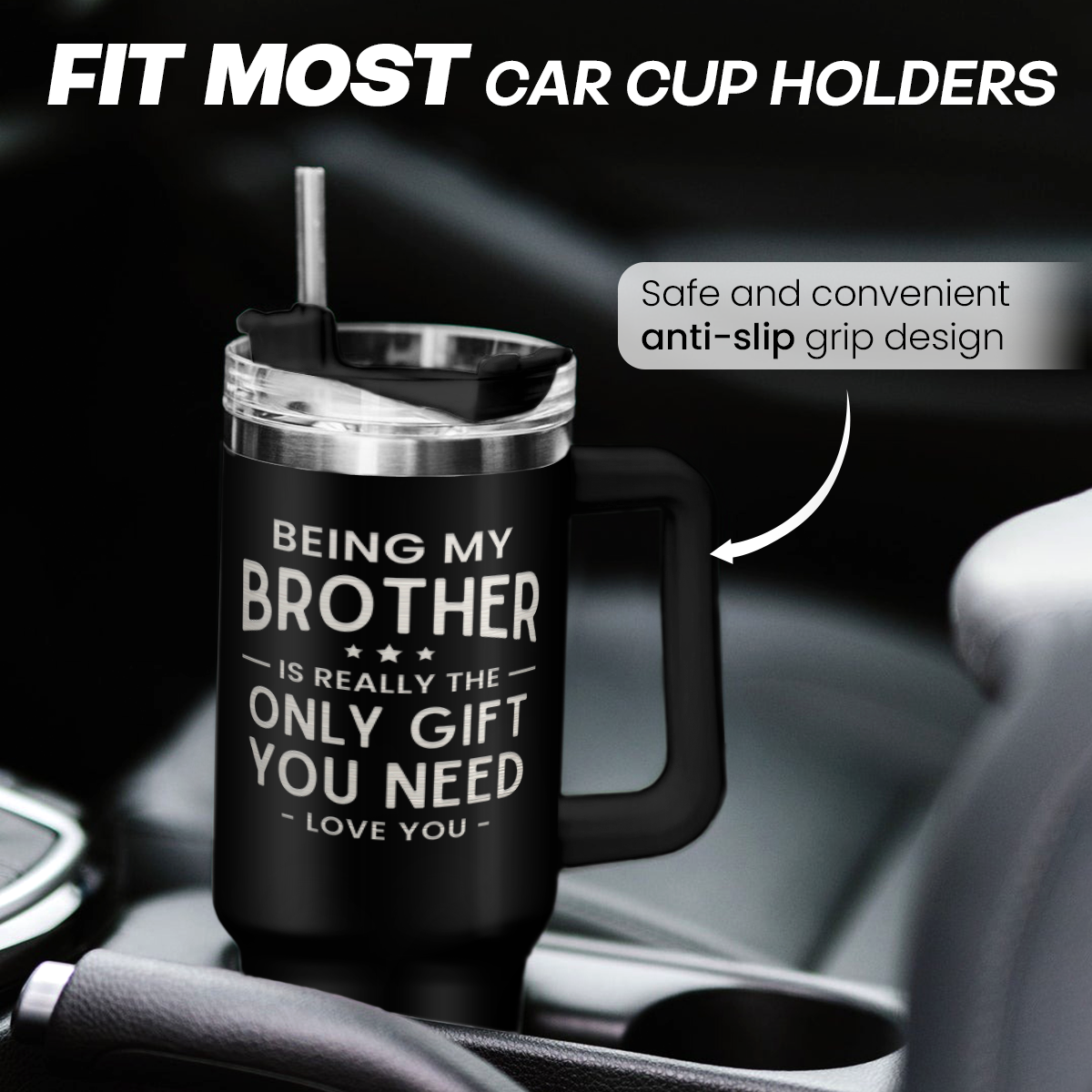 Black mug with text in a car cup holder, featuring an anti-slip grip design.