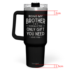 Black travel mug with text and measurements on a white background