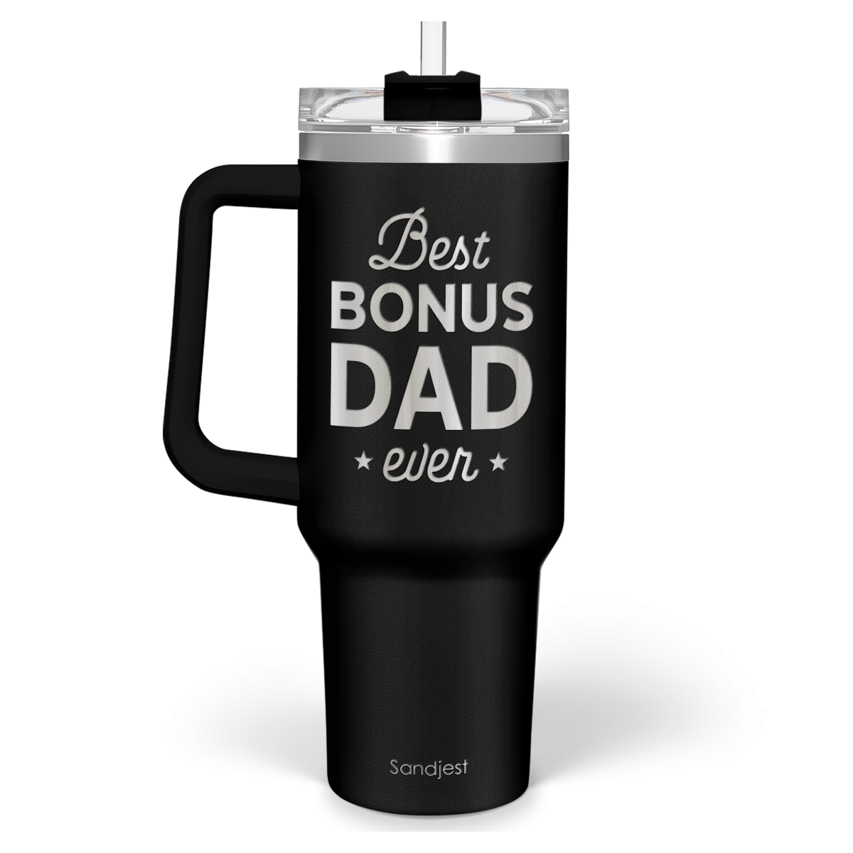 Black travel mug with drum design and text on a white background