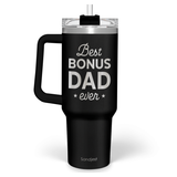 Black travel mug with drum design and text on a white background