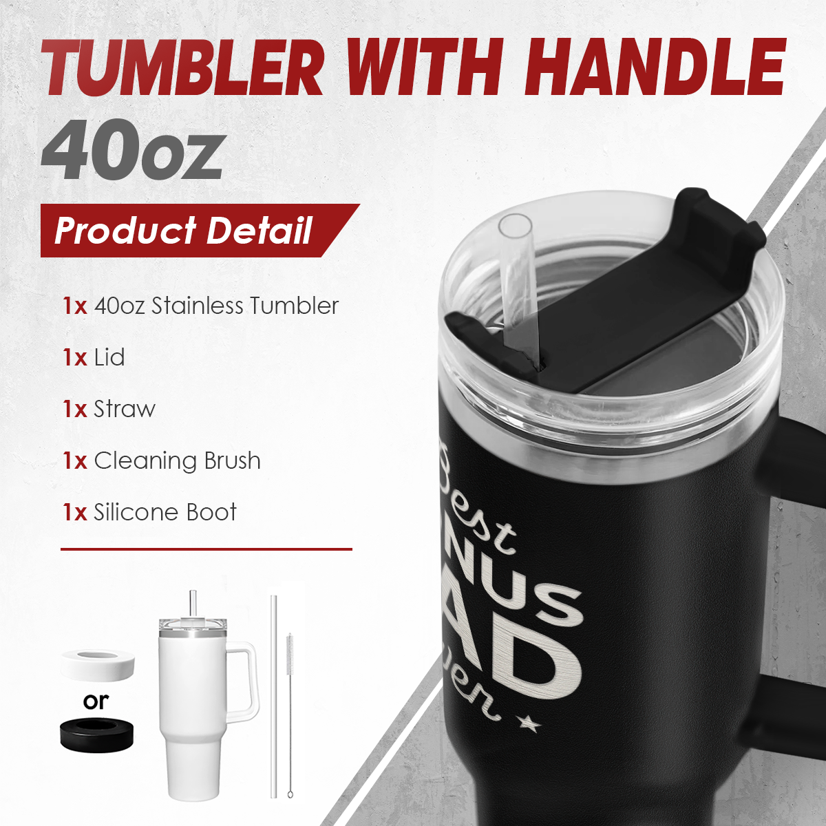 40oz tumbler with handle featuring a cleaning brush and straw, on a gray background.