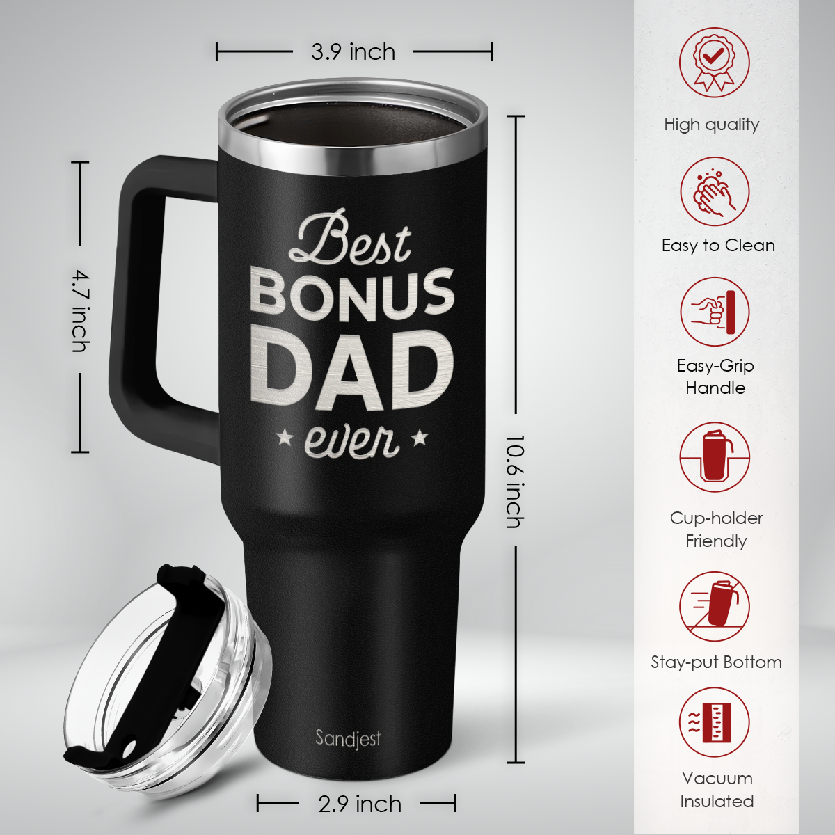 Black travel mug with 'Best Bonus Dad ever' text, shown with measurements and features on a gray background.
