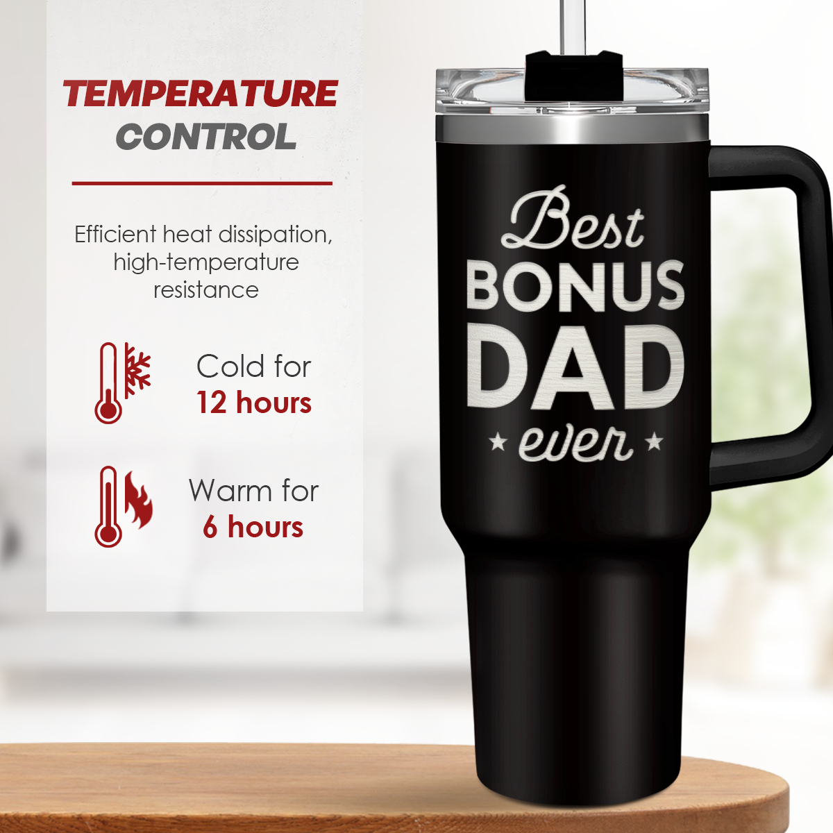 Black travel mug with 'Best Bonus Dad ever' text on a wooden surface.