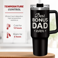 Black travel mug with 'Best Bonus Dad ever' text on a wooden surface.