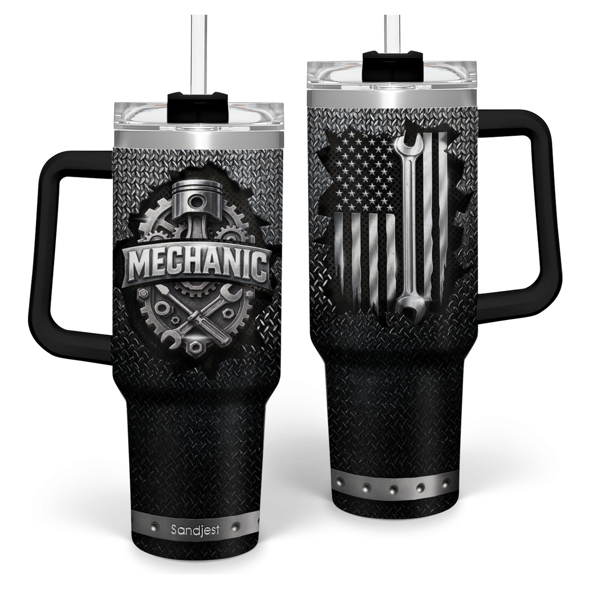 Two tumblers with mechanical design and 'Mechanic' text on a white background
