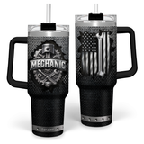 Two tumblers with mechanical design and 'Mechanic' text on a white background