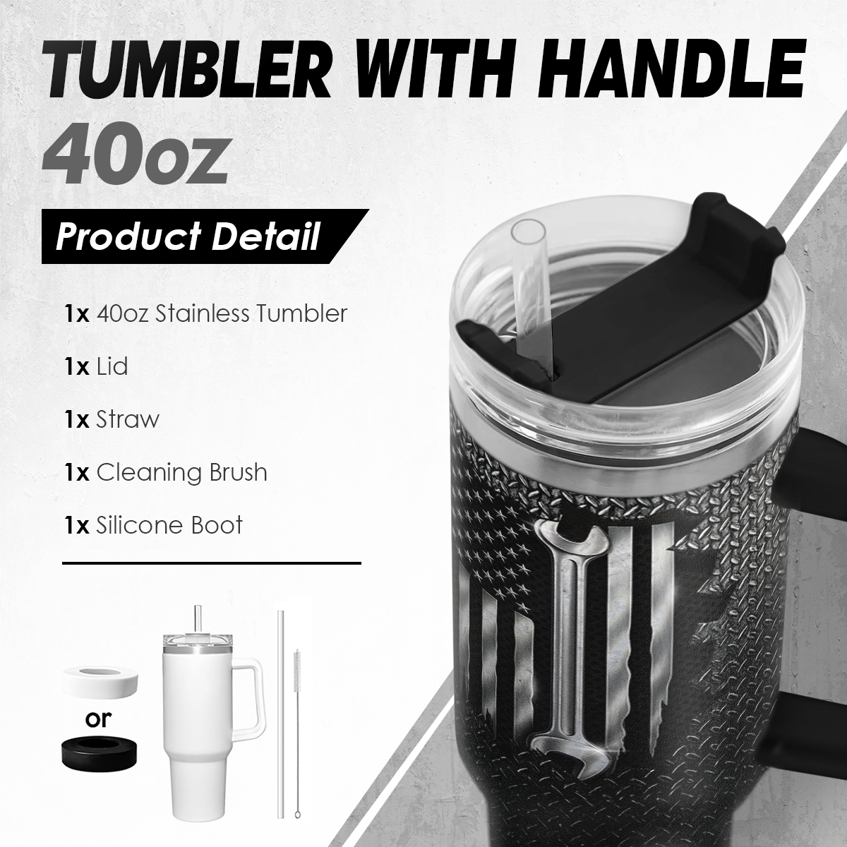 40oz stainless tumbler with handle, lid, straw, cleaning brush, and silicone boot on a gray background.