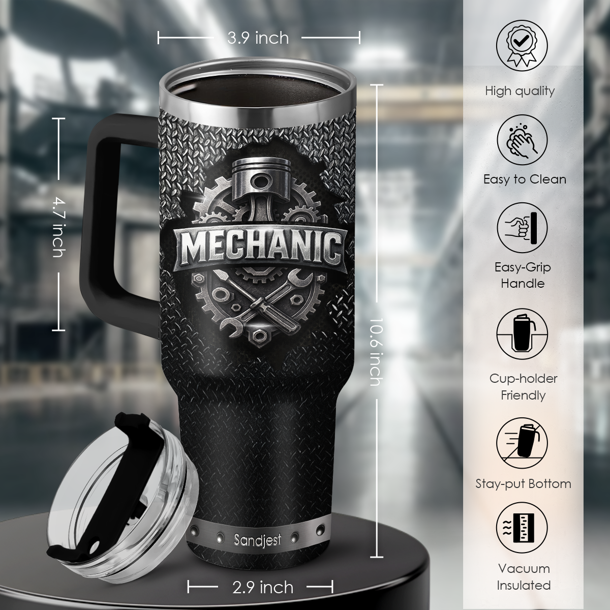 Mechanic-themed travel mug with measurements and features on a blurred background