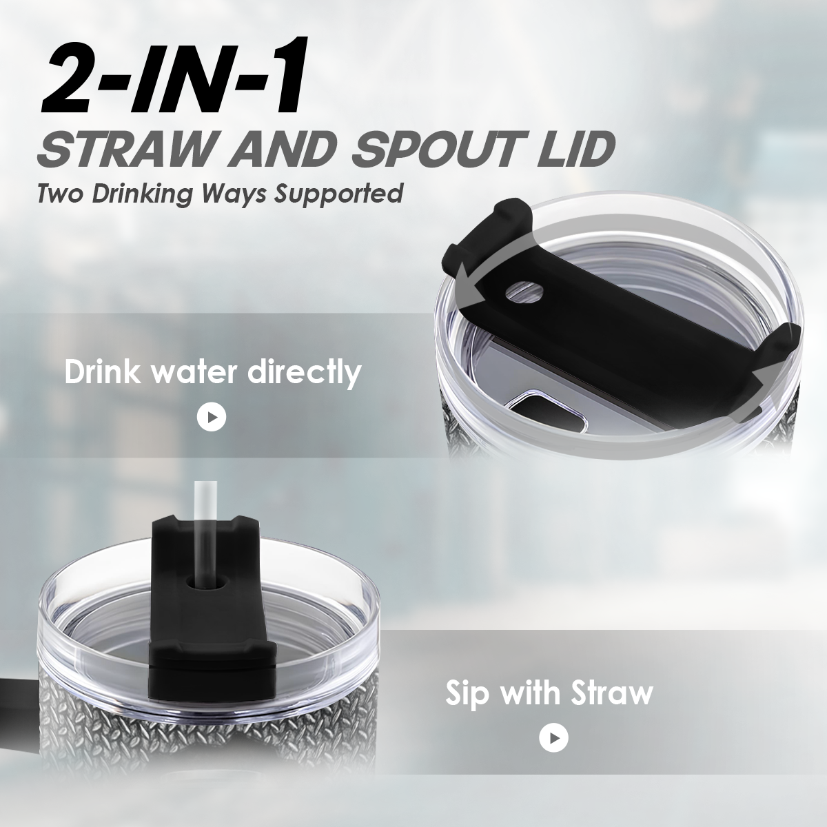Two-in-one straw and spout lid for a drink container on a light gray background.
