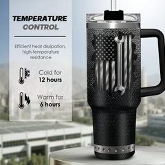 Black travel mug with American flag and wrench design, temperature control features displayed.