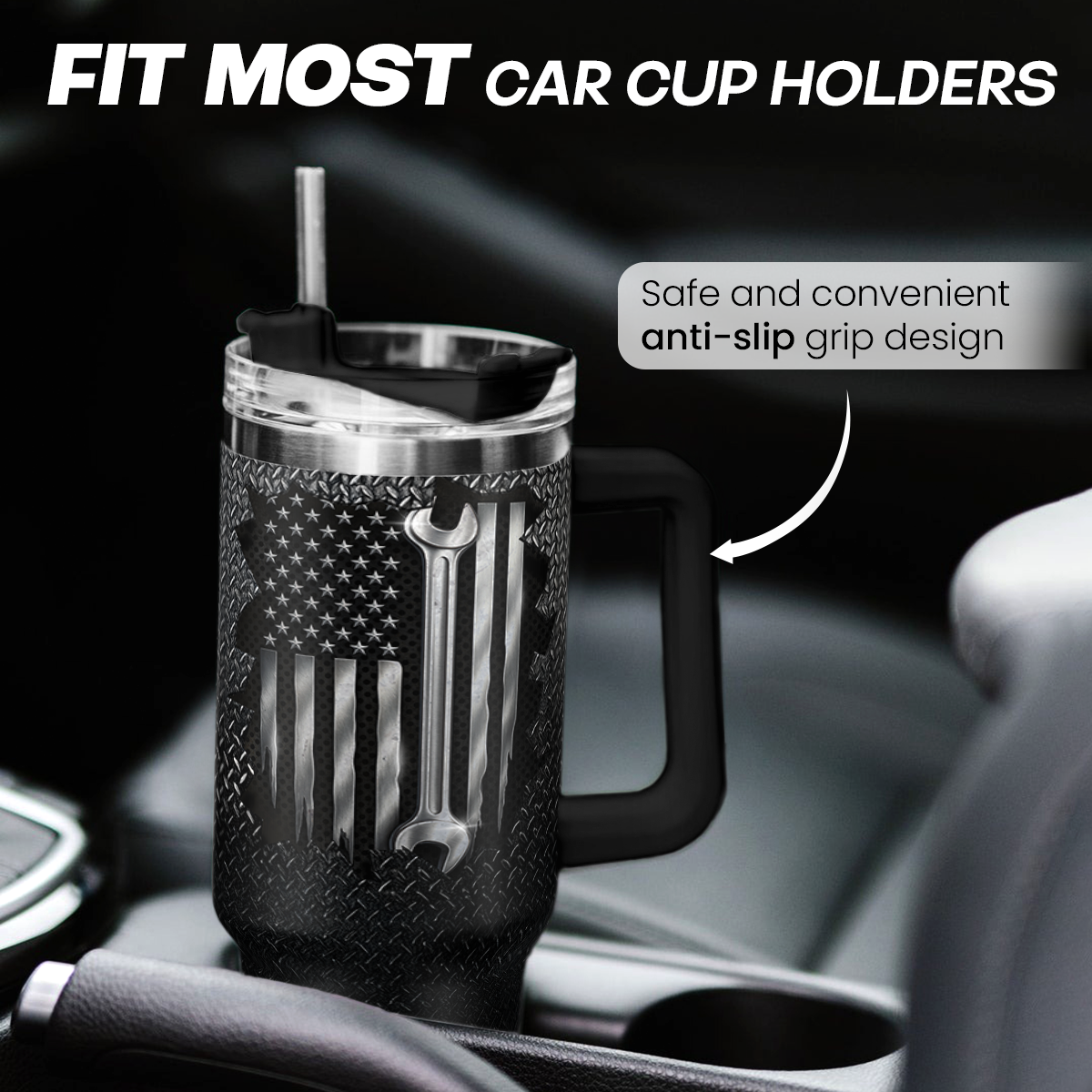 Black mug with American flag design in a car cup holder, featuring text about fit, safety, and convenience.