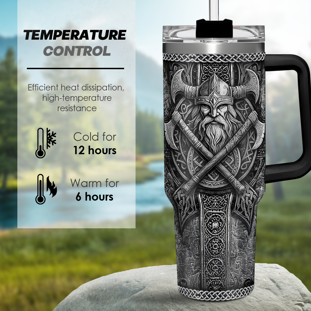 Viking Gifts for Men, 40oz Stainless Steel Insulated Coffee Tumbler With Lid & Straw, Travel Mug Cup Gift for Husband Dad, Christmas Birthday