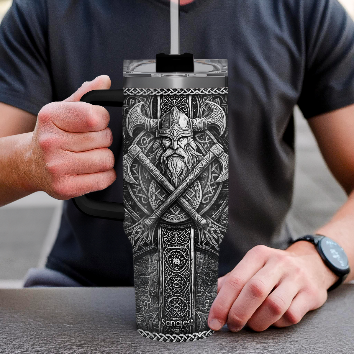 Viking Gifts for Men, 40oz Stainless Steel Insulated Coffee Tumbler With Lid & Straw, Travel Mug Cup Gift for Husband Dad, Christmas Birthday