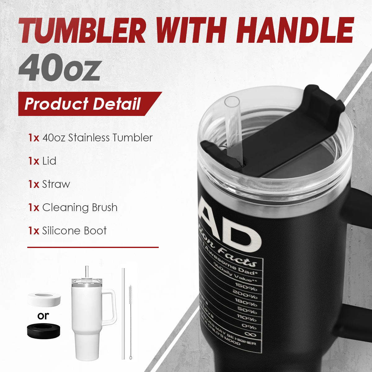 40oz stainless tumbler with handle, lid, straw, cleaning brush, and silicone boot on a gray background.