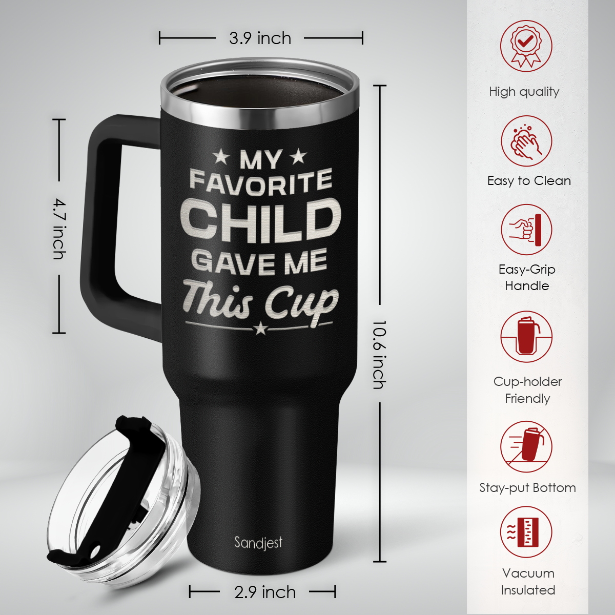 Black travel mug with text and measurements on a gray background