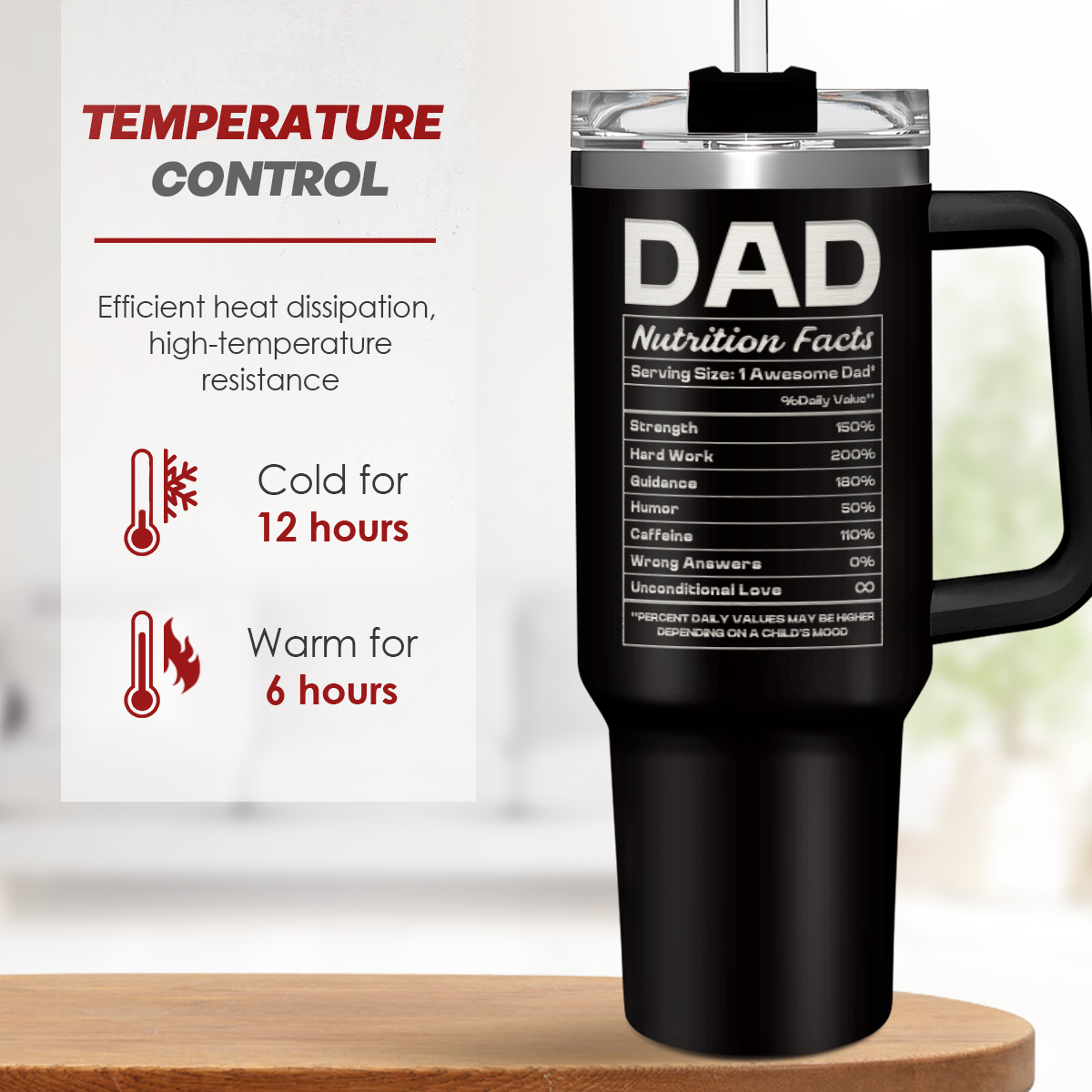Black travel mug with 'DAD' nutrition facts print on a wooden surface