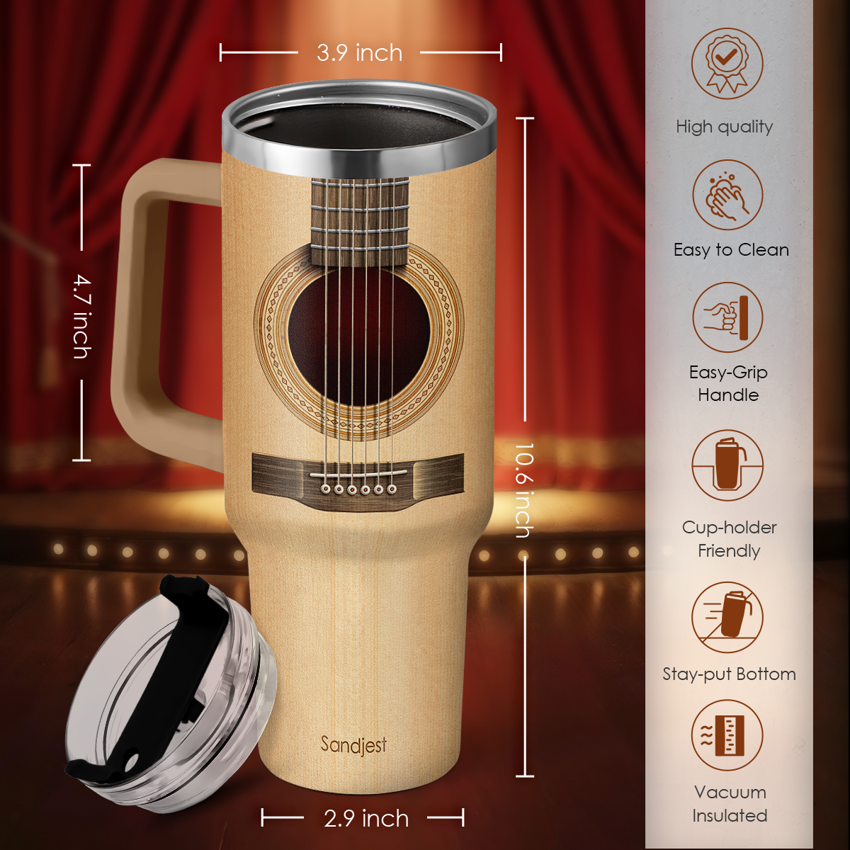 Guitarist Gifts for Men, 40oz Stainless Steel Insulated Coffee Tumbler with Lid & Straw, Travel Cup Gift for Musician Guitar Player, Christmas Birthday